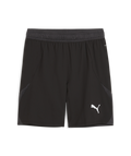 Black Puma athletic shorts with a white leaping cat logo on the left leg and gray side inserts.