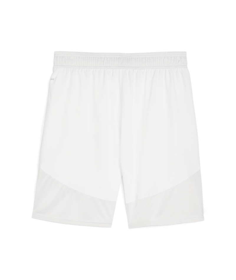 A pair of white athletic shorts with an elastic waistband and mesh panels along the lower half of the legs, shown against a white background.
