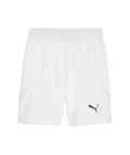 White Puma athletic shorts with a black logo on the right leg, mesh side panels, and an elastic waistband.