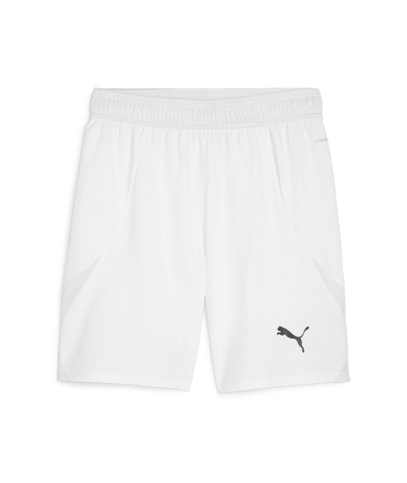 A pair of white Puma athletic shorts featuring a black logo on the lower right leg and an elastic waistband.