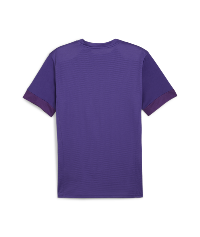 Back view of a purple short-sleeved athletic shirt featuring darker purple trim on the sleeve cuffs and a textured, breathable fabric.