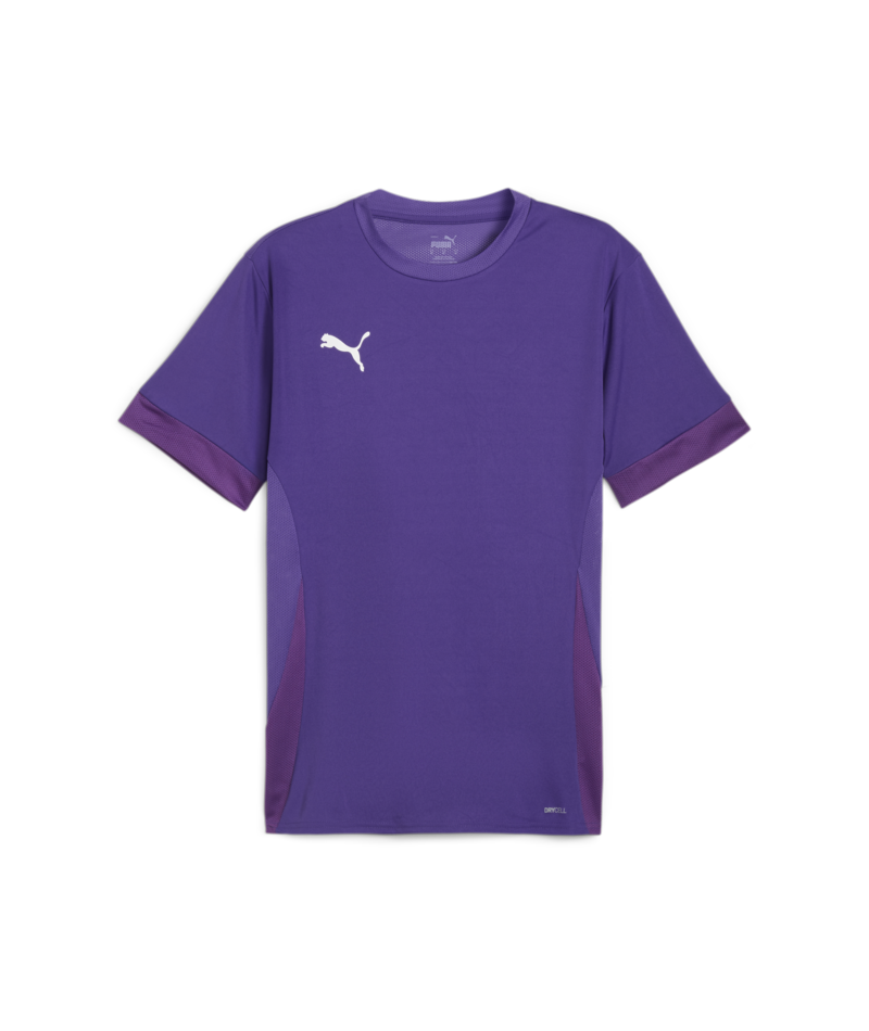 Purple Puma short-sleeved sports shirt with a white logo on the chest and dark purple side panels.