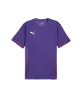 Purple Puma short-sleeved sports shirt with a white logo on the chest and dark purple side panels.