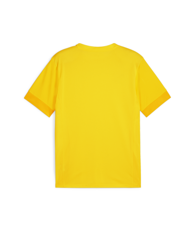 Back view of a bright yellow, short-sleeved athletic t-shirt with a crew neck and textured mesh fabric.