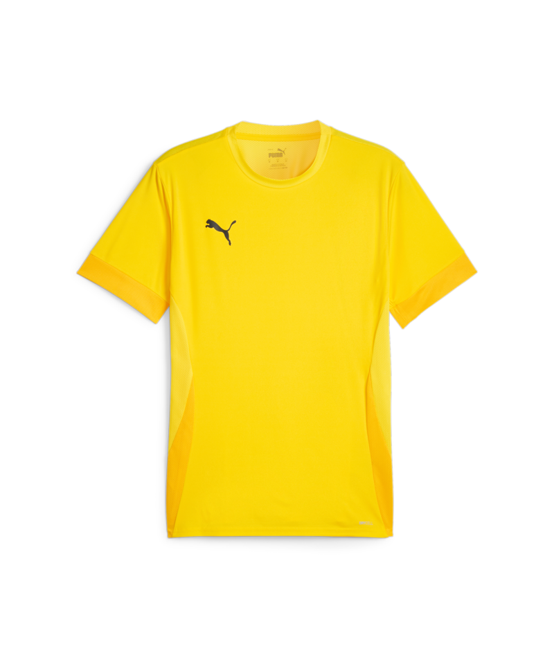 Bright yellow short-sleeved Puma athletic t-shirt featuring a black logo on the chest and breathable mesh panels on the sides and sleeves.