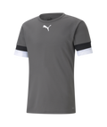 Grey Puma short-sleeve shirt with a white cat logo on the chest and black and white striped sleeve cuffs.
