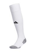 A white Adidas knee-high athletic sock with a black logo on the shin and grey reinforced toe and heel sections.