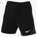 Black Nike athletic shorts with a white swoosh logo and a pinstriped panel on the side of one leg.