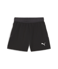 A pair of black Puma athletic shorts featuring a dark grey elastic waistband and a white Puma logo on the bottom left leg.