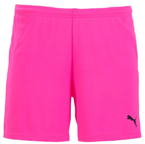 Bright pink Puma athletic shorts with an elastic waistband and a small black logo on the bottom left leg.