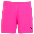 Bright pink Puma athletic shorts with an elastic waistband and a small black logo on the bottom left leg.