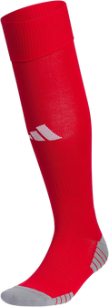 Red Adidas knee-high soccer sock featuring a white logo and grey reinforced toe and heel.