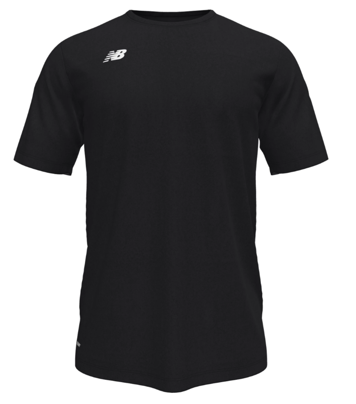A black short-sleeved crewneck t-shirt featuring a small white New Balance logo on the upper chest.