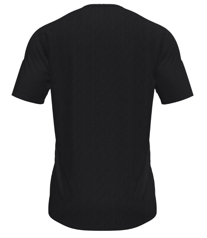 Back view of a black short-sleeved athletic shirt featuring a textured mesh body, smooth sleeves and side panels, a crew neck, and a curved hem.