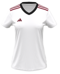 White short-sleeved Adidas jersey featuring maroon stripes on the shoulders, a maroon logo on the right chest, and a black V-neck collar.