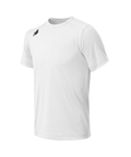 A white short-sleeved New Balance athletic t-shirt with a black logo on the chest, set against a black background.