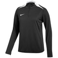 A black Nike long-sleeve quarter-zip athletic shirt with white shoulder panels and a white swoosh logo on the chest.