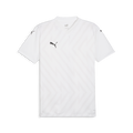 A white short-sleeved Puma jersey with a subtle tonal zig-zag pattern, a V-neck, and black Puma logos on the right chest and both shoulders.