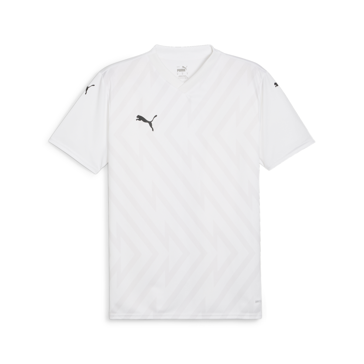 A white short-sleeved Puma jersey with a subtle tonal zig-zag pattern, a V-neck, and black Puma logos on the right chest and both shoulders.