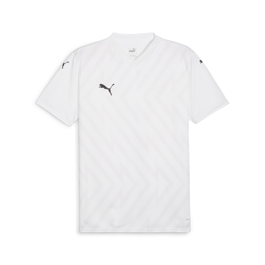 White short-sleeved Puma jersey with a subtle tonal zigzag pattern and black logos on the chest and shoulders.