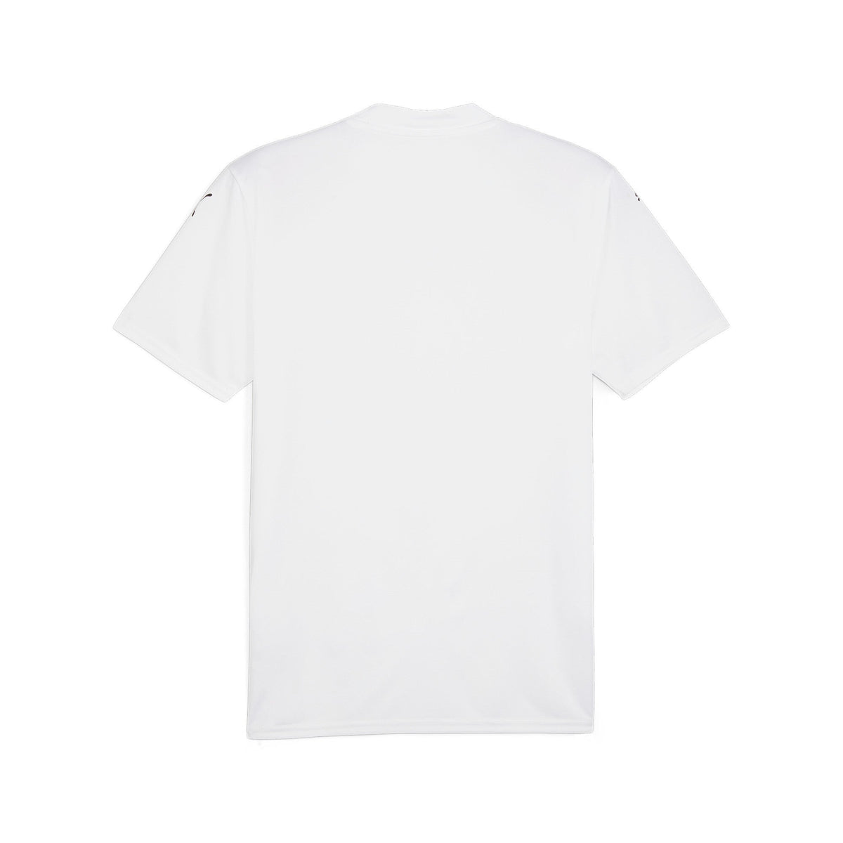 Back view of a white short-sleeve t-shirt with small dark logos on the shoulders, shown against a white background.