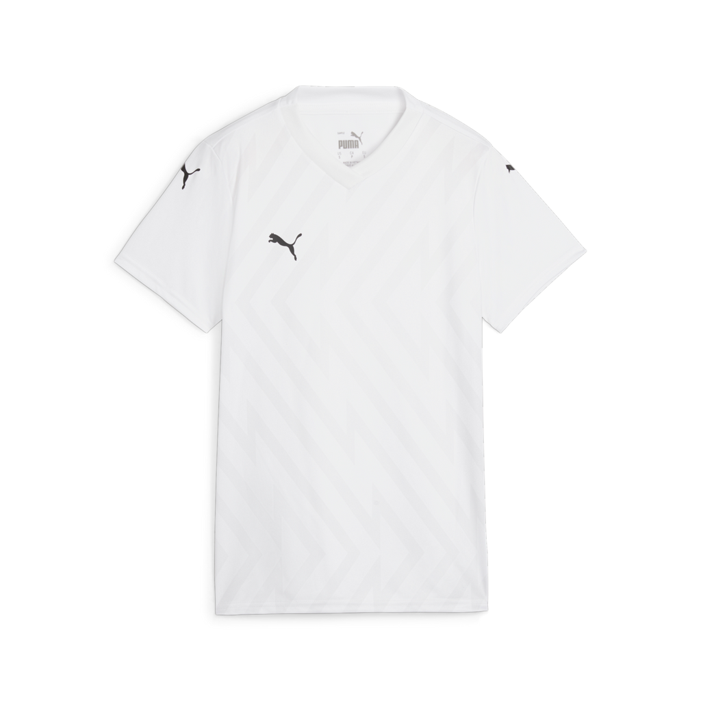 A white short-sleeved Puma soccer jersey with a V-neck, featuring a subtle tonal zigzag pattern and black Puma logos on the chest and sleeves.