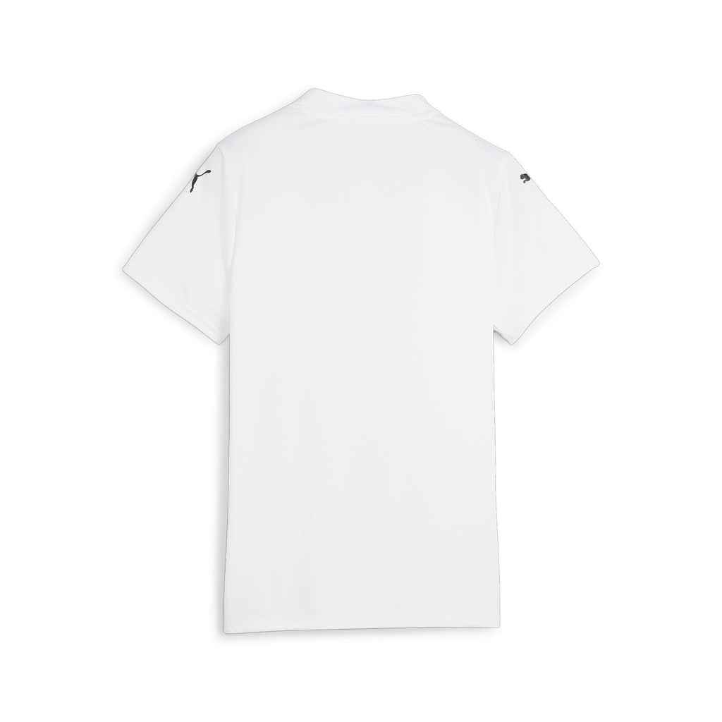 Rear view of a white short-sleeved T-shirt with small black Puma logos on each shoulder, set against a white background.