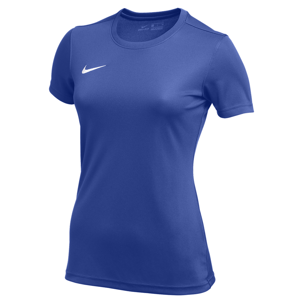 A royal blue Nike women's crew neck athletic t-shirt with a white swoosh logo on the left chest.
