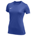 A royal blue Nike women's crew neck athletic t-shirt with a white swoosh logo on the left chest.