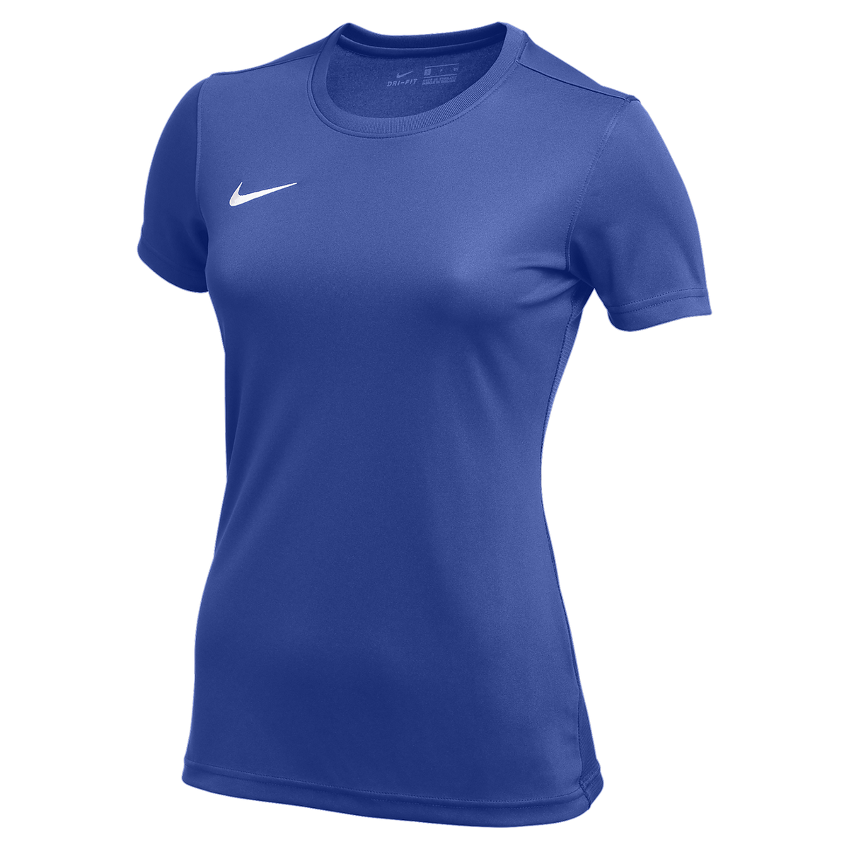 A royal blue Nike women's crew neck athletic t-shirt with a white swoosh logo on the left chest.