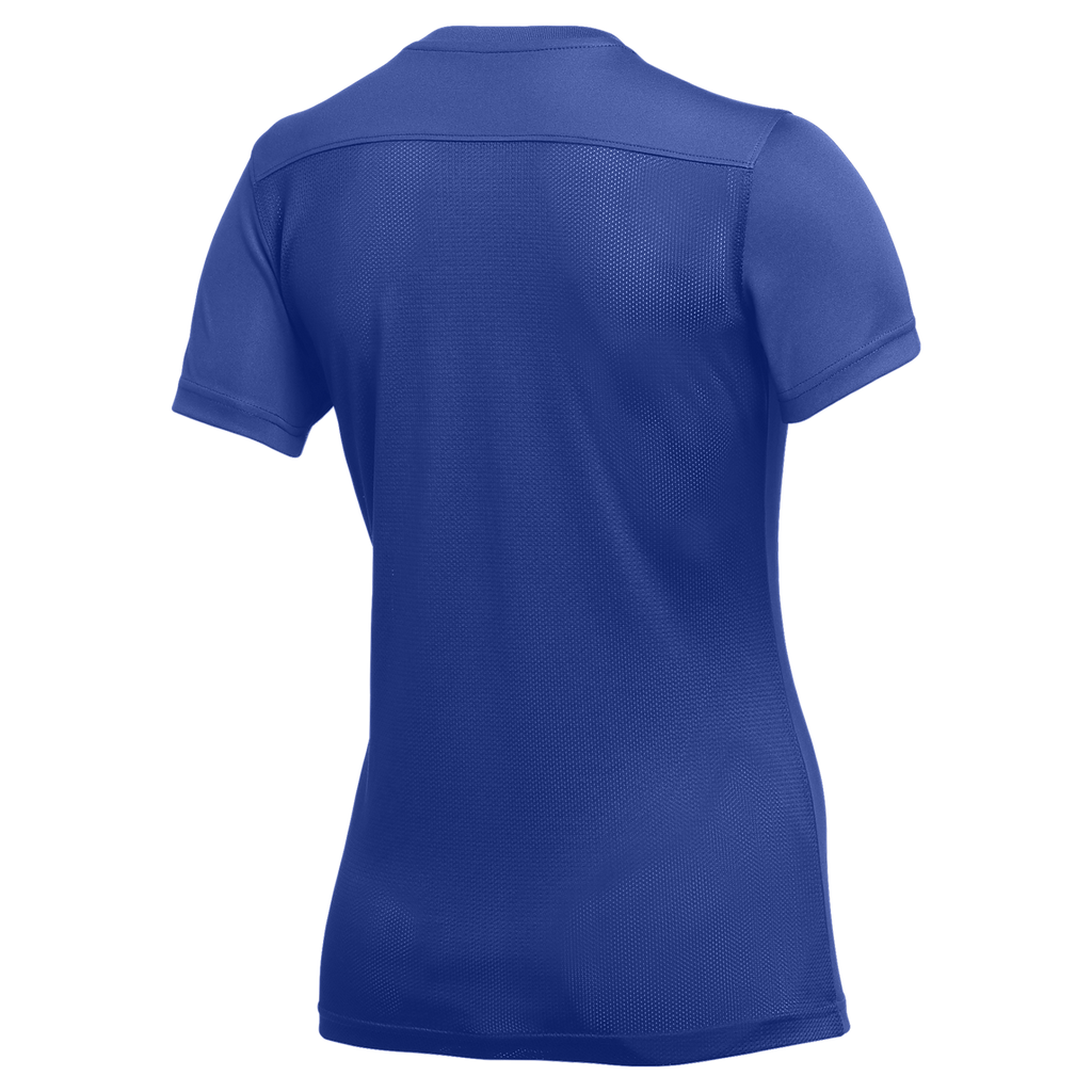 Back view of a royal blue short-sleeved athletic shirt with a breathable mesh texture, featuring a horizontal yoke across the shoulders and a classic crew neck.