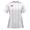 White Adidas short-sleeve jersey with thin vertical red and black pinstripes, grey shoulder and side panels, and a maroon logo on the chest.