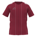 A burgundy Adidas soccer jersey with thin white and dark vertical pinstripes, an outlined chest logo, and signature three stripes on the shoulders.