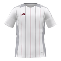 White short-sleeved Adidas jersey featuring thin black and maroon vertical pinstripes, grey side panels, and a maroon logo on the chest.
